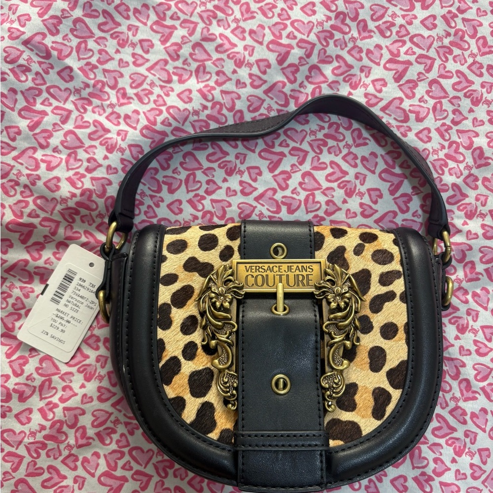 Versace Jeans Couture Leopard Print Black and Gold Shoulder Bag